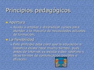 Principios pedagógicos Apertura Ayudó a ampliar y diversificar cursos para atender a la mayoría de necesidades actuales de formación; La flexibilidad Este principio deja claro que la educación a distancia existe hace mucho tiempo, pues antes de Internet ya existia vídeo, teléfono y otras formas de comunicación posibles e eficaces; 