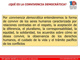 www.plandecenal.edu.coUn pacto social por el derecho a la educación
www.plandecenal.edu.coUn pacto social por el derecho a la educación
¿QUÉ ES LA CONVIVENCIA DEMOCRÁTICA?
Por convivencia democrática entenderemos la forma
de convivir de los seres humanos caracterizada por
relaciones centradas en el respeto, la aceptación de
la diferencia, el pluralismo, la corresponsabilidad, la
equidad, la solidaridad, los acuerdos sobre cómo se
desea convivir, la observancia de los derechos
humanos, el cuidado de la vida y el trámite pacífico
de los conflictos
 