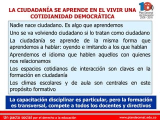 www.plandecenal.edu.coUn pacto social por el derecho a la educación
www.plandecenal.edu.coUn pacto social por el derecho a la educación
LA CIUDADANÍA SE APRENDE EN EL VIVIR UNA
COTIDIANIDAD DEMOCRÁTICA
Nadie nace ciudadano. Es algo que aprendemos
Uno se va volviendo ciudadano si lo tratan como ciudadano
La ciudadanía se aprende de la misma forma que
aprendemos a hablar: oyendo e imitando a los que hablan
Aprendemos el idioma que hablen aquellos con quienes
nos relacionamos
Los espacios cotidianos de interacción son claves en la
formación en ciudadanía
Los climas escolares y de aula son centrales en este
propósito formativo
La capacitación disciplinar es particular, pero la formación
es transversal, compete a todos los docentes y directivos
 