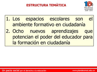www.plandecenal.edu.coUn pacto social por el derecho a la educación
www.plandecenal.edu.coUn pacto social por el derecho a la educación
1. Los espacios escolares son el
ambiente formativo en ciudadanía
2. Ocho nuevos aprendizajes que
potencian el poder del educador para
la formación en ciudadanía
ESTRUCTURA TEMÁTICA
 