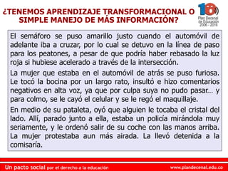 www.plandecenal.edu.coUn pacto social por el derecho a la educación
www.plandecenal.edu.coUn pacto social por el derecho a la educación
El semáforo se puso amarillo justo cuando el automóvil de
adelante iba a cruzar, por lo cual se detuvo en la línea de paso
para los peatones, a pesar de que podría haber rebasado la luz
roja si hubiese acelerado a través de la intersección.
La mujer que estaba en el automóvil de atrás se puso furiosa.
Le tocó la bocina por un largo rato, insultó e hizo comentarios
negativos en alta voz, ya que por culpa suya no pudo pasar… y
para colmo, se le cayó el celular y se le regó el maquillaje.
En medio de su pataleta, oyó que alguien le tocaba el cristal del
lado. Allí, parado junto a ella, estaba un policía mirándola muy
seriamente, y le ordenó salir de su coche con las manos arriba.
La mujer protestaba aun más airada. La llevó detenida a la
comisaría.
¿TENEMOS APRENDIZAJE TRANSFORMACIONAL O
SIMPLE MANEJO DE MÁS INFORMACIÓN?
 