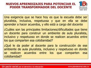 www.plandecenal.edu.coUn pacto social por el derecho a la educación
www.plandecenal.edu.coUn pacto social por el derecho a la educación
NUEVOS APRENDIZAJES PARA POTENCIAR EL
PODER TRANSFORMADOR DEL DOCENTE
Una exigencia que se hace hoy es que la escuela debe ser
pluralista, inclusiva, respetuosa y que en ella se debe
aprender a hacer acuerdos, y ello está a cargo del docente
¿Cuáles son las principales limitaciones/dificultades que tiene
un docente para construir un ambiente de aula pluralista,
inclusivo y respetuoso en donde se realicen acuerdos entre
los que comparten esa cotidianidad?
¿Qué le da poder al docente para la construcción de ese
ambiente de aula pluralista, inclusivo y respetuoso en donde
se realicen acuerdos entre los que comparten esa
cotidianidad?
 