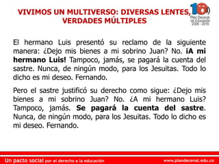 www.plandecenal.edu.coUn pacto social por el derecho a la educación
www.plandecenal.edu.coUn pacto social por el derecho a la educación
El hermano Luis presentó su reclamo de la siguiente
manera: ¿Dejo mis bienes a mi sobrino Juan? No. ¡A mi
hermano Luis! Tampoco, jamás, se pagará la cuenta del
sastre. Nunca, de ningún modo, para los Jesuitas. Todo lo
dicho es mi deseo. Fernando.
Pero el sastre justificó su derecho como sigue: ¿Dejo mis
bienes a mi sobrino Juan? No. ¿A mi hermano Luis?
Tampoco, jamás. Se pagará la cuenta del sastre.
Nunca, de ningún modo, para los Jesuitas. Todo lo dicho es
mi deseo. Fernando.
VIVIMOS UN MULTIVERSO: DIVERSAS LENTES,
VERDADES MÚLTIPLES
 