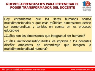 www.plandecenal.edu.coUn pacto social por el derecho a la educación
www.plandecenal.edu.coUn pacto social por el derecho a la educación
NUEVOS APRENDIZAJES PARA POTENCIAR EL
PODER TRANSFORMADOR DEL DOCENTE
Hoy entendemos que los seres humanos somos
multidimensionales y que esas múltiples dimensiones deben
ser comprendidas y tenidas en cuenta en los procesos
educativos
¿Cuáles son las dimensiones que integran al ser humano?
¿Cuáles limitaciones/dificultades les impiden a los docentes
diseñar ambientes de aprendizaje que integren la
multidimensionalidad humana?
 