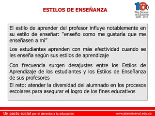 www.plandecenal.edu.coUn pacto social por el derecho a la educación
www.plandecenal.edu.coUn pacto social por el derecho a la educación
ESTILOS DE ENSEÑANZA
El estilo de aprender del profesor influye notablemente en
su estilo de enseñar: “enseño como me gustaría que me
enseñasen a mí”
Los estudiantes aprenden con más efectividad cuando se
les enseña según sus estilos de aprendizaje
Con frecuencia surgen desajustes entre los Estilos de
Aprendizaje de los estudiantes y los Estilos de Enseñanza
de sus profesores
El reto: atender la diversidad del alumnado en los procesos
escolares para asegurar el logro de los fines educativos
 