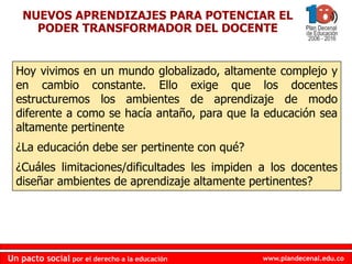 www.plandecenal.edu.coUn pacto social por el derecho a la educación
www.plandecenal.edu.coUn pacto social por el derecho a la educación
NUEVOS APRENDIZAJES PARA POTENCIAR EL
PODER TRANSFORMADOR DEL DOCENTE
Hoy vivimos en un mundo globalizado, altamente complejo y
en cambio constante. Ello exige que los docentes
estructuremos los ambientes de aprendizaje de modo
diferente a como se hacía antaño, para que la educación sea
altamente pertinente
¿La educación debe ser pertinente con qué?
¿Cuáles limitaciones/dificultades les impiden a los docentes
diseñar ambientes de aprendizaje altamente pertinentes?
 