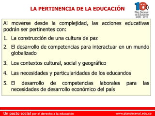 www.plandecenal.edu.coUn pacto social por el derecho a la educación
www.plandecenal.edu.coUn pacto social por el derecho a la educación
LA PERTINENCIA DE LA EDUCACIÓN
Al moverse desde la complejidad, las acciones educativas
podrán ser pertinentes con:
1. La construcción de una cultura de paz
2. El desarrollo de competencias para interactuar en un mundo
globalizado
3. Los contextos cultural, social y geográfico
4. Las necesidades y particularidades de los educandos
5. El desarrollo de competencias laborales para las
necesidades de desarrollo económico del país
 