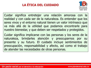 www.plandecenal.edu.coUn pacto social por el derecho a la educación
www.plandecenal.edu.coUn pacto social por el derecho a la educación
Cuidar significa entretejer una relación amorosa con la
realidad y con cada ser de la naturaleza. Es entender que los
seres vivos y el entorno natural tienen un valor intrínseco que
va más allá de la utilidad que podamos encontrarle para
nuestro bienestar, y que deben ser respetados y protegidos.
Cuidar significa implicarse con las personas y los seres de la
naturaleza, brindarles atención y preocuparnos por su
presente y su futuro. El cuidado incluye sentimientos de
preocupación, responsabilidad y afecto, así como el trabajo
de atender las necesidades de otras personas.
LA ÉTICA DEL CUIDADO
 