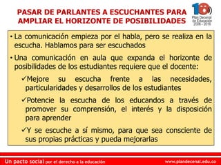www.plandecenal.edu.coUn pacto social por el derecho a la educación
www.plandecenal.edu.coUn pacto social por el derecho a la educación
• La comunicación empieza por el habla, pero se realiza en la
escucha. Hablamos para ser escuchados
• Una comunicación en aula que expanda el horizonte de
posibilidades de los estudiantes requiere que el docente:
Mejore su escucha frente a las necesidades,
particularidades y desarrollos de los estudiantes
Potencie la escucha de los educandos a través de
promover su comprensión, el interés y la disposición
para aprender
Y se escuche a sí mismo, para que sea consciente de
sus propias prácticas y pueda mejorarlas
PASAR DE PARLANTES A ESCUCHANTES PARA
AMPLIAR EL HORIZONTE DE POSIBILIDADES
 