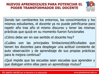 www.plandecenal.edu.coUn pacto social por el derecho a la educación
www.plandecenal.edu.coUn pacto social por el derecho a la educación
NUEVOS APRENDIZAJES PARA POTENCIAR EL
PODER TRANSFORMADOR DEL DOCENTE
Siendo tan cambiantes los entornos, los conocimientos y los
mismos estudiantes, el docente ya no puede petrificarse para
repetir año tras año el mismo discurso y tener las mismas
prácticas que quizá en su momento fueron funcionales
¿Cómo debe ser en ese sentido el docente hoy?
¿Cuáles son las principales limitaciones/dificultades que
tienen los docentes para desplegar una actitud constante de
auto observación y de aprendizaje de sus propias prácticas
para le mejora continua?
¿Qué impide que las escuelas sean escuelas que aprenden y
que dialogan entre ellas para un aprendizaje mutuo?
 