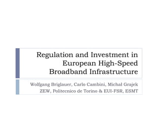 Regulation and Investment in
European High-Speed
Broadband Infrastructure
Wolfgang Briglauer, Carlo Cambini, Michał Grajek
ZEW, Politecnico de Torino & EUI-FSR, ESMT
 