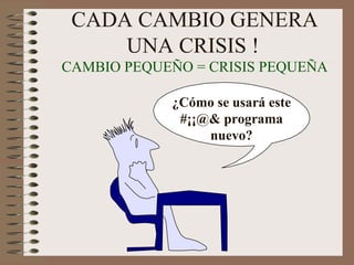 CADA CAMBIO GENERA UNA CRISIS !   CAMBIO PEQUEÑO = CRISIS PEQUEÑA ¿Cómo se usará este #¡¡@& programa nuevo? 
