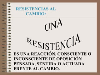 ES UNA REACCIÓN, CONSCIENTE O INCONSCIENTE DE OPOSICIÓN PENSADA, SENTIDA O ACTUADA FRENTE AL CAMBIO. RESISTENCIAS AL CAMBIO: 