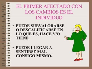EL PRIMER AFECTADO CON LOS CAMBIOS ES EL INDIVIDUO PUEDE SUBVALORARSE O DESCALIFICARSE EN LO QUE ES, HACE Y/O TIENE. PUEDE LLEGAR A SENTIRSE MAL CONSIGO MISMO.  