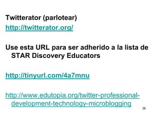 30Inicie la construcción de su Personal Learning Network (PLN)Intégrese a una red profesional. Puede pertenecer a Classroom 2.0 (Ning) y a DiscoveryEducator’s Network (DiscoveryEducation) (http://socialnetworksined.wikispaces.com/)Encuentre 3-5 Blogs (Google Blogs) que le agraden para suscribirse y usar RSS feeds o un lector Google Intégrese a una red microblogging como Twitter o PlurkMerodee en la red algún tiempoParticipe, conviértase en parte de la conversación