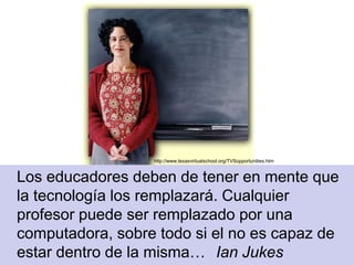 9http://www.texasvirtualschool.org/TVSopportunities.htm	Los educadores deben de tener en mente que la tecnología los remplazará. Cualquier profesor puede ser remplazado por una computadora, sobre todo si el no es capaz de estar dentro de la misma…	IanJukes