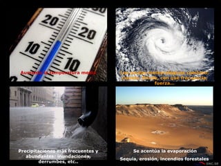 Las pautas meteorológicas cambian: ciamdo. Dónde, con qué frecuencia, fuerza… Aumenta la temperatura media Precipitaciones más frecuentes y abundantes: inundaciones, derrumbes, etc.. Se acentúa la evaporación Sequia, erosión, incendios forestales  