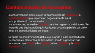 Contaminación de los suelos
La contaminación del suelo es la acumulación de sustancias a
grandes niveles que repercuten negativamente en el
comportamiento de los suelos.
Las sustancias, se vuelven tóxicas para los organismos del suelo. Se
trata de una degradación química que provoca la pérdida parcial o
total de la productividad del suelo.
Se habla de contaminación del suelo cuando a este se introducen
sustancias o elementos de tipo sólido, líquido o gaseoso que
ocasionan que afecta a las plantas, a los animales y la salud
humana.
 