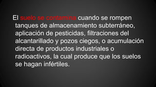 El suelo se contamina cuando se rompen
tanques de almacenamiento subterráneo,
aplicación de pesticidas, filtraciones del
alcantarillado y pozos ciegos, o acumulación
directa de productos industriales o
radioactivos, la cual produce que los suelos
se hagan infértiles.
 