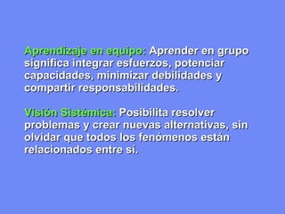 Aprendizaje en equipo:   Aprender en grupo significa integrar esfuerzos, potenciar capacidades, minimizar debilidades y compartir responsabilidades. Visión Sistémica:   Posibilita resolver problemas y crear nuevas alternativas, sin olvidar que todos los fenómenos están relacionados entre sí. 