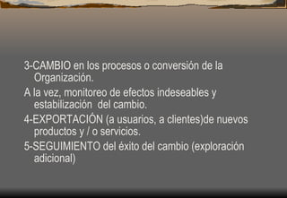 3-CAMBIO en los procesos o conversión de la Organización.  A la vez, monitoreo de efectos indeseables y estabilización  del cambio. 4-EXPORTACIÓN (a usuarios, a clientes)de nuevos productos y / o servicios. 5-SEGUIMIENTO del éxito del cambio (exploración adicional) 