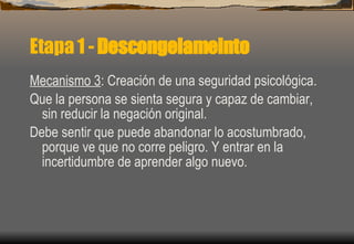 Etapa 1 -  Descongelameinto Mecanismo 3 : Creación de una seguridad psicológica. Que la persona se sienta segura y capaz de cambiar, sin reducir la negación original. Debe sentir que puede abandonar lo acostumbrado, porque ve que no corre peligro. Y entrar en la incertidumbre de aprender algo nuevo. 