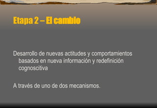 Etapa 2 –  El cambio   Desarrollo de nuevas actitudes y comportamientos basados en nueva información y redefinición cognoscitiva A través de uno de dos mecanismos. 