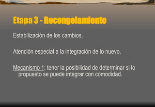 Etapa 3 -  Recongelamiento Estabilización de los cambios. Atención especial a la integración de lo nuevo. Mecanismo 1 : tener la posibilidad de determinar si lo propuesto se puede integrar con comodidad. 