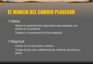 EL MANEJO DEL CAMBIO PLANEADO Metas: Mejorar la capacidad de la organización para adaptarse a los cambios en su ambiente Cambiar el comportamiento de los empleados Magnitud:  Cambio de 1er nivel: lineal y contínuo Cambio de 2do nivel: multidimensional, multinivel, discontínuo y radical 