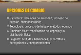 OPCIONES DE CAMBIO Estructura: relaciones de autoridad, redise ñ o de puestos, compensaciones Tecnología: procesos de trabajo, métodos, equipos Ambiente físico: modificación del espacio y la distribución física La gente: actitudes, habilidades, expectativas, percepciones y comportamientos 