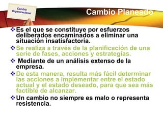 Cambio Planeado Es el que se constituye por esfuerzos deliberados encaminados a eliminar una situación insatisfactoria. Se realiza a través de la planificación de una serie de fases, acciones y estrategias. Mediante de un análisis extenso de la empresa.  De esta manera, resulta más fácil determinar las acciones a implementar entre el estado actual y el estado deseado, para que sea más factible de alcanzar.   Un cambio no siempre es malo o representa resistencia. 