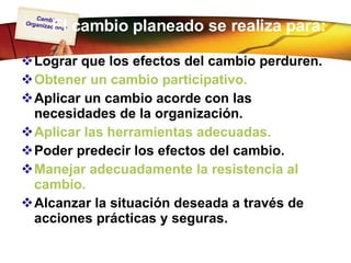 El cambio planeado se realiza para:   Lograr que los efectos del cambio perduren.  Obtener un cambio participativo. Aplicar un cambio acorde con las necesidades de la organización.  Aplicar las herramientas adecuadas.   Poder predecir los efectos del cambio.  Manejar adecuadamente la resistencia al cambio.  Alcanzar la situación deseada a través de acciones prácticas y seguras.  