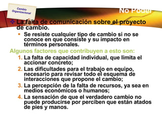 No Poder La falta de comunicación sobre el proyecto de cambio.  Se resiste cualquier tipo de cambio si no se conoce en que consiste y su impacto en términos personales. Algunos factores que contribuyen a esto son: La falta de capacidad individual, que limita el accionar concreto; Las dificultades para el trabajo en equipo,  necesario para revisar todo el esquema de interacciones que propone el cambio; La percepción de la falta de recursos, ya sea en medios económicos o humanos; La sensación de que el verdadero cambio no puede producirse por perciben que están atados de pies y manos. 