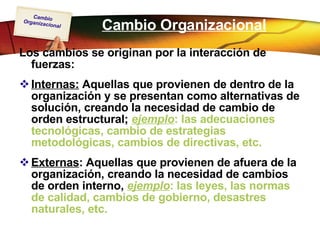 Cambio Organizacional Los cambios se originan por la interacción de fuerzas: Internas:  Aquellas que provienen de dentro de la organización y se presentan como alternativas de solución, creando la necesidad de cambio de orden estructural;  ejemplo : las adecuaciones tecnológicas, cambio de estrategias metodológicas, cambios de directivas, etc. Externas : Aquellas que provienen de afuera de la organización, creando la necesidad de cambios de orden interno,  ejemplo : las leyes, las normas de calidad, cambios de gobierno, desastres naturales, etc.  