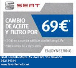 Oferta en cambio de aceite y filtro en Seat Levante Motor. Valencia