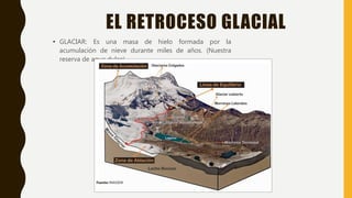 EL RETROCESO GLACIAL
• GLACIAR: Es una masa de hielo formada por la
acumulación de nieve durante miles de años. (Nuestra
reserva de agua dulce)
 