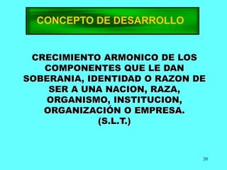 20
CONCEPTO DE DESARROLLO
CRECIMIENTO ARMONICO DE LOS
COMPONENTES QUE LE DAN
SOBERANIA, IDENTIDAD O RAZON DE
SER A UNA NACION, RAZA,
ORGANISMO, INSTITUCION,
ORGANIZACIÓN O EMPRESA.
(S.L.T.)
 