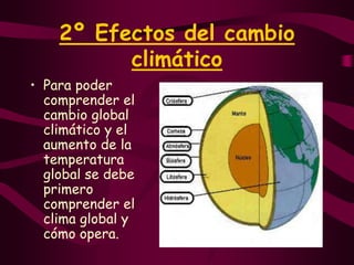 2º Efectos del cambio climáticoPara poder comprender el cambio global climático y el aumento de la temperatura global se debe primero comprender el clima global y cómo opera. 