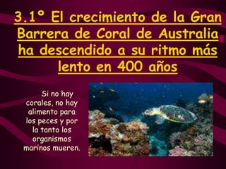 3.1º El crecimiento de la Gran Barrera de Coral de Australia ha descendido a su ritmo más lento en 400 añosSi no hay corales, no hay alimento para los peces y por la tanto los organismos marinos mueren.