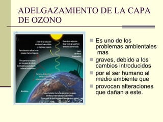 ADELGAZAMIENTO DE LA CAPA DE OZONO Es uno de los problemas ambientales  mas  graves, debido a los cambios introducidos  por el ser humano al medio ambiente que  provocan alteraciones que dañan a este. 