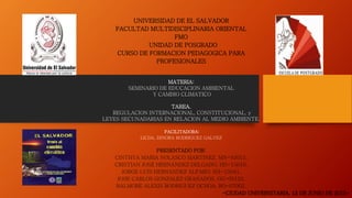 UNIVERSIDAD DE EL SALVADOR
FACULTAD MULTIDISCIPLINARIA ORIENTAL
FMO
UNIDAD DE POSGRADO
CURSO DE FORMACION PEDAGOGICA PARA
PROFESIONALES
MATERIA:
SEMINARIO DE EDUCACION AMBIENTAL
Y CAMBIO CLIMATICO
TAREA.
REGULACION INTERNACIONAL, CONSTITUCIONAL, y
LEYES SECUNADARIAS EN RELACION AL MEDIO AMBIENTE.
FACILITADORA:
LICDA. DINORA RODRIGUEZ GALVEZ
PRESENTADO POR:
CINTHYA MARIA NOLASCO MARTINEZ. MN-93015.
CRISTIAN JOSÉ HERNÁNDEZ DELGADO. HD-15016.
JORGE LUIS HERNANDEZ ALFARO. HA-15041.
JOSE CARLOS GONZALEZ GRANADOS. GG-05123.
BALMORE ALEXIS RODRIGUEZ OCHOA. RO-07002.
-CIUDAD UNIVERSITARIA, 12 DE JUNIO DE 2015-
 