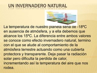 UN INVERNADERO NATURAL



La temperatura de nuestro planeta seria de -18ºC
en ausencia de atmósfera, y a ella debemos que
alcance los 15ºC. La diferencia entre ambos valores
se conoce como efecto invernadero natural, termino
con el que se alude al comportamiento de la
atmósfera terrestre actuando como una cubierta
protectora y transparente. Deja pasar la radiación
solar pero dificulta la perdida de calor,
incrementando así la temperatura del aire que nos
rodea.
 