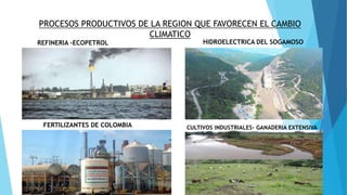 PROCESOS PRODUCTIVOS DE LA REGION QUE FAVORECEN EL CAMBIO 
CLIMATICO 
REFINERIA -ECOPETROL HIDROELECTRICA DEL SOGAMOSO 
FERTILIZANTES DE COLOMBIA CULTIVOS INDUSTRIALES- GANADERIA EXTENSIVA 
 