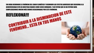 SIN DUDA DISMINUIR EL FENÓMENO DEL CABIO CLIMÁTICO Y DISMINUIR LOS EFECTOS ADVERSOS QUE OCASIONA A LA
BIODIVERSIDAD ESTÁ EN NUESTRAS MANOS COMO SERES HUMANOS, Y ASÍ EVITAR QUE EN UN FUTURO HAYA
COMPLICACIONES MUCHO MÁS GRAVES OCASIONADAS POR ESTE FENÓMENO.
REFLEXIONA!!!
 