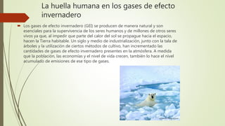 La huella humana en los gases de efecto
invernadero
 Los gases de efecto invernadero (GEI) se producen de manera natural y son
esenciales para la supervivencia de los seres humanos y de millones de otros seres
vivos ya que, al impedir que parte del calor del sol se propague hacia el espacio,
hacen la Tierra habitable. Un siglo y medio de industrialización, junto con la tala de
árboles y la utilización de ciertos métodos de cultivo, han incrementado las
cantidades de gases de efecto invernadero presentes en la atmósfera. A medida
que la población, las economías y el nivel de vida crecen, también lo hace el nivel
acumulado de emisiones de ese tipo de gases.
 