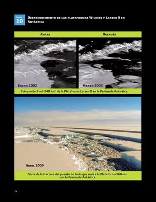 Desprendimiento de las plataformas Wilkins y Larsen B en
Antártica10
Figura
Antes Después
Colapso de 3 mil 240 km2
de la Plataforma Larsen B en la Península Antártica.
Enero 2002 Marzo 2002
Vista de la fractura del puente de hielo que unía a la Plataforma Wilkins
con la Península Antártica
Abril 2009
24
 