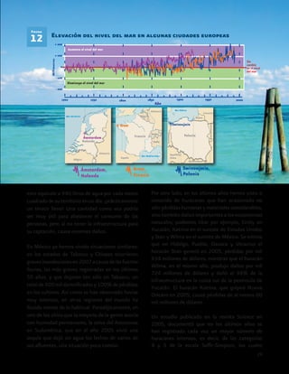 29
Elevación del nivel del mar en algunas ciudades europeas
Año
Sin
cambio
en el nivel
del mar
Rusia
Eslovaquia
Bielorrusia
12
Figura
esto equivale a 940 litros de agua por cada metro
cuadrado de su territorio en un día: ¡prácticamente
un tinaco lleno! Una cantidad como esa podría
ser muy útil para abastecer el consumo de las
personas, pero al no tener la infraestructura para
su captación, causa enormes daños.
En México ya hemos vivido situaciones similares:
en los estados de Tabasco y Chiapas ocurrieron
gravesinundacionesen2007acausadelasfuertes
lluvias, las más graves registradas en los últimos
50 años, y que dejaron tan sólo en Tabasco, un
totalde500mildamnificadosy100%depérdidas
en los cultivos. Así como se han observado lluvias
muy intensas, en otras regiones del mundo ha
llovido menos de lo habitual. Paradójicamente, en
uno de los sitios que la mayoría de la gente asocia
con humedad permanente, la selva del Amazonas
en Sudamérica, que en el año 2005 vivió una
sequía que dejó sin agua los lechos de varios de
sus afluentes, una situación poco común.
Por otro lado, en los últimos años hemos visto o
conocido de huracanes que han ocasionado no
sólo pérdidas humanas y materiales considerables,
sino también daños importantes a los ecosistemas
naturales; podemos citar por ejemplo, Emily en
Yucatán, Katrina en el sureste de Estados Unidos
y Stan y Wilma en el sureste de México. Se estima
que en Hidalgo, Puebla, Oaxaca y Veracruz el
huracán Stan generó en 2005, pérdidas por mil
934 millones de dólares, mientras que el huracán
Wilma, en el mismo año, produjo daños por mil
724 millones de dólares y dañó el 98% de la
infraestructura en la costa sur de la península de
Yucatán. El huracán Katrina, que golpeó Nueva
Orleáns en 2005, causó pérdidas de al menos 60
mil millones de dólares.
Un estudio publicado en la revista Science en
2005, documentó que en los últimos años se
han registrado cada vez un mayor número de
huracanes intensos, es decir, de las categorías
4 y 5 de la escala Saffir-Simpson, los cuales
Italia
Suiza
Brest
 