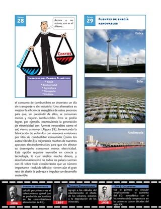 el consumo de combustibles se decretara un día
sin transporte o sin industria! Una alternativa es
mejorar la eficiencia energética de estos procesos
para que, sin prescindir de ellos, se consuman
menos y mejores combustibles. Esto se podría
lograr, por ejemplo, promoviendo la generación
de electricidad con fuentes renovables como el
sol, viento o mareas (Figura 29); fomentando la
fabricación de vehículos con menores emisiones
por litro de combustible consumido (como los
autos híbridos); o mejorando muchos de nuestros
aparatos electrodomésticos para que sin afectar
su desempeño consuman menos electricidad.
Esta opción requiere inversión en ciencia y
tecnología, lo cual implica mucho dinero, y
desafortunadamente no todos los países cuentan
con él, sobre todo considerando que un número
importante –incluído México- tienen aún el gran
reto de abatir la pobreza e impulsar un desarrollo
sostenible.
29
Figura
28
Figura
calculó por primera vez el
calentamiento global que
se produciría por cambios
en las concentraciones
atmosféricas de CO2
.
Svante A. Arrhenius
agregó a los cálculos del
calentamiento el efecto
de los volcanes, océanos
y la degradación de los
minerales.
Thomas Chamberlain
fue el primero en vincular
empíricamente el aumento
del CO2
atmosférico con el
incremento de la temperatura en
las primeras cuatro décadas del
siglo XX.
Guy S. Callendar
1896 19381897
Actuar o no
actuar, ese es el
dilema...
Impactos del Cambio Climático
Solar
Fuentes de enegía
renovables
Eólica
Undimotríz
 