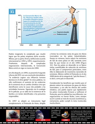59
31
Podrás imaginarte lo complicado que resultó
lograr que los países aceptaran dicho acuerdo.
México, por su parte, firmó y ratificó este acuerdo
internacional en 1992 y 1993, respectivamente.
Finalmente, después de complicadas
negociaciones internacionales, la Convención
Marco entró en vigor en marzo de 1994.
Un año después, en 1995, se presentó el segundo
informe del IPCC con una conclusión demoledora:
“la evidencia sugiere una influencia humana
decisiva en el clima global”. En otras palabras, no
sólo confirmaron el sustento de las evidencias
de la existencia de un cambio climático sino que
identificaron como la causa más probable a las
actividades humanas. Siguiendo con la analogía
de la película, ya se sabía de la existencia de la
bomba y se tenían identificados a los presuntos
responsables.
En 1997 se adoptó un instrumento legal
complementario: el Protocolo de Kioto, dirigido
Estudios muestran que
los clorofluorocarbonos
(CFCs), el metano
y el ozono pueden
contribuir seriamente
al efecto invernadero.
Se establece el
Programa de
Investigación
del Clima
Mundial.
La Conferencia de Villach declara
que el aumento de la temperatura
parece inevitable; llama a los
gobiernos a considerar acuerdos
internacionales que restrinjan el
volumen de las emisiones.19851975 y 1976
PROTOCOLODEKIOTO
400
a limitar las emisiones netas de gases de efecto
invernadero en los países industrializados.
Puesto en números, busca reducir las emisiones
de GEI de estos países en 5%, tomando como
base las que tenían en el año 1990 (Figura
31). Para los países en desarrollo no se fijaron
metas cuantificables de reducción de emisiones
de GEI, pero sí compromisos particulares, entre
ellos la elaboración de inventarios nacionales de
emisiones. México ratificó el Protocolo en el año
2000 dentro de la categoría de “país No Anexo I”,
es decir, como país en desarrollo.
Considerando los beneficios que tendría para el
planeta reducir las emisiones de gases de efecto
invernadero, y con ello los efectos del cambio
climático, uno podría esperar que rápidamente
los países involucrados firmaran y ratificaran el
Protocolo, pero la realidad fue muy diferente. Las
negociaciones no fueron fáciles, como siempre
ocurre cuando se trata de recursos económicos y,
ciertamente, poder cumplir la meta involucraba
mucho dinero.
1979
La Convención Marco de
las Naciones Unidas sobre
el Cambio Climático busca
lograr la estabilización de
la concentración de GEI
en la atmósfera a un nivel
que impida interferencias
antropogénicas peligrosas en
el sistema climático.
Figura
Año
 