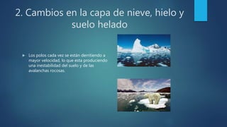 2. Cambios en la capa de nieve, hielo y
suelo helado
 Los polos cada vez se están derritiendo a
mayor velocidad, lo que esta produciendo
una inestabilidad del suelo y de las
avalanchas rocosas.
 